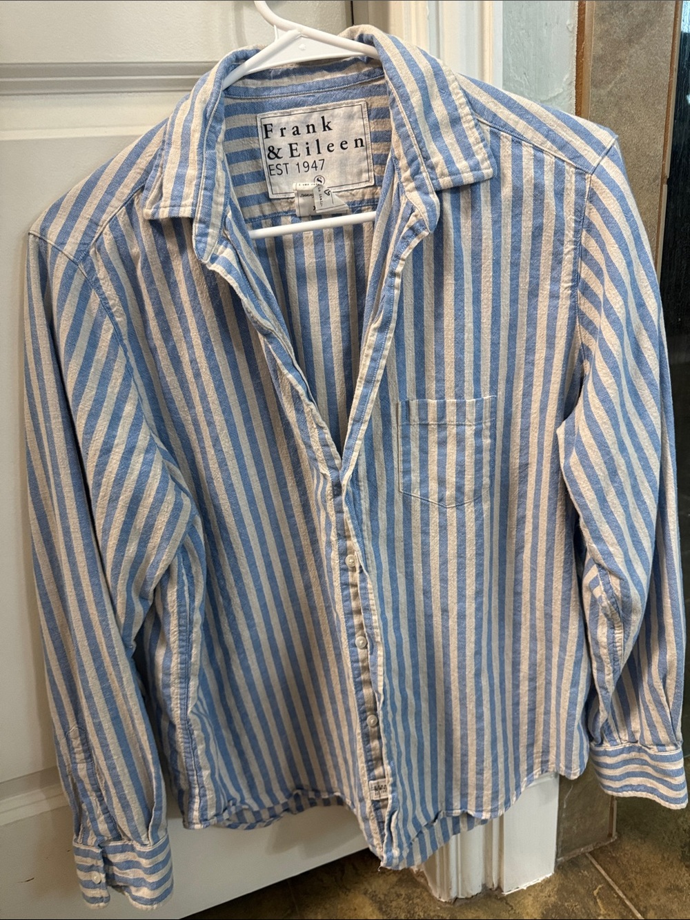 Frank & Eileen Blue and White Vertical Stripe Button-Down Shirt - Picture 1 of 2